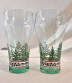 Vintage Coca-Cola Christmas Holiday Glasses Set of 2 Evergreen Tree Holly Green Base Tumblers