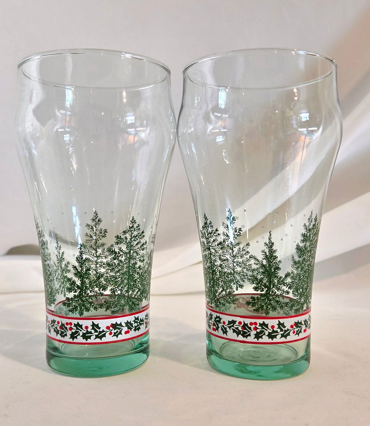 Vintage Coca-Cola Christmas Holiday Glasses Set of 2 Evergreen Tree Holly Green Base Tumblers