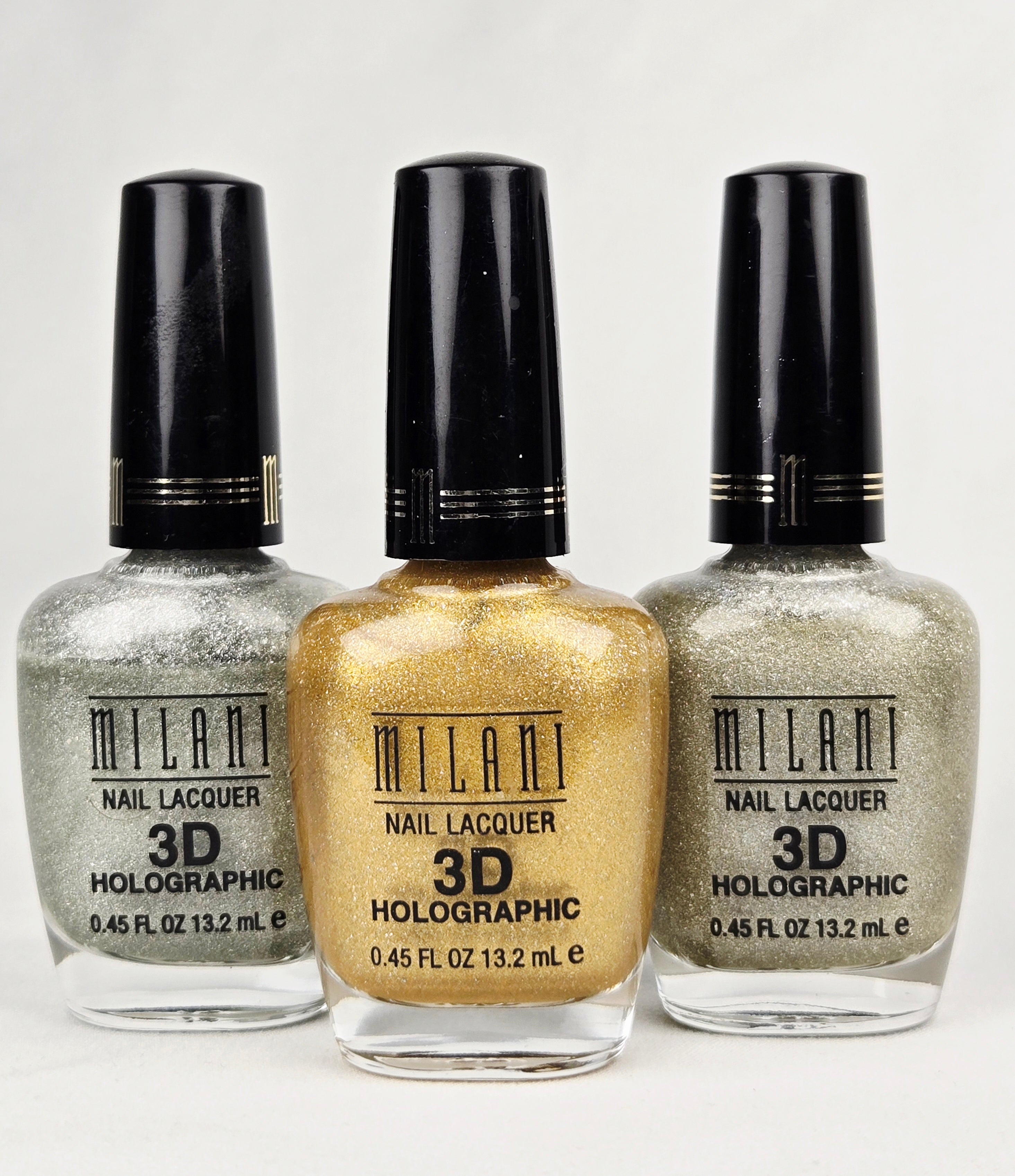 Milani 3D Holographic Nail Lacquer Set – Shades 509 HD, 510 3D Gold, 511 Hi-Tech – Discontinued Holographic Nail Polish Trio