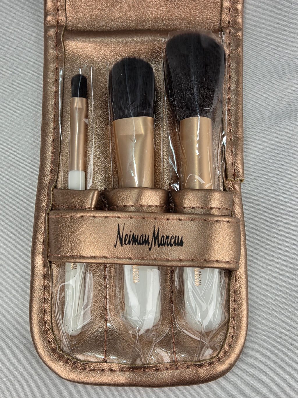 Neiman Marcus 3-Piece Makeup Brush Set with Rose Gold Travel Case – White & Metallic Cosmetic Brushes