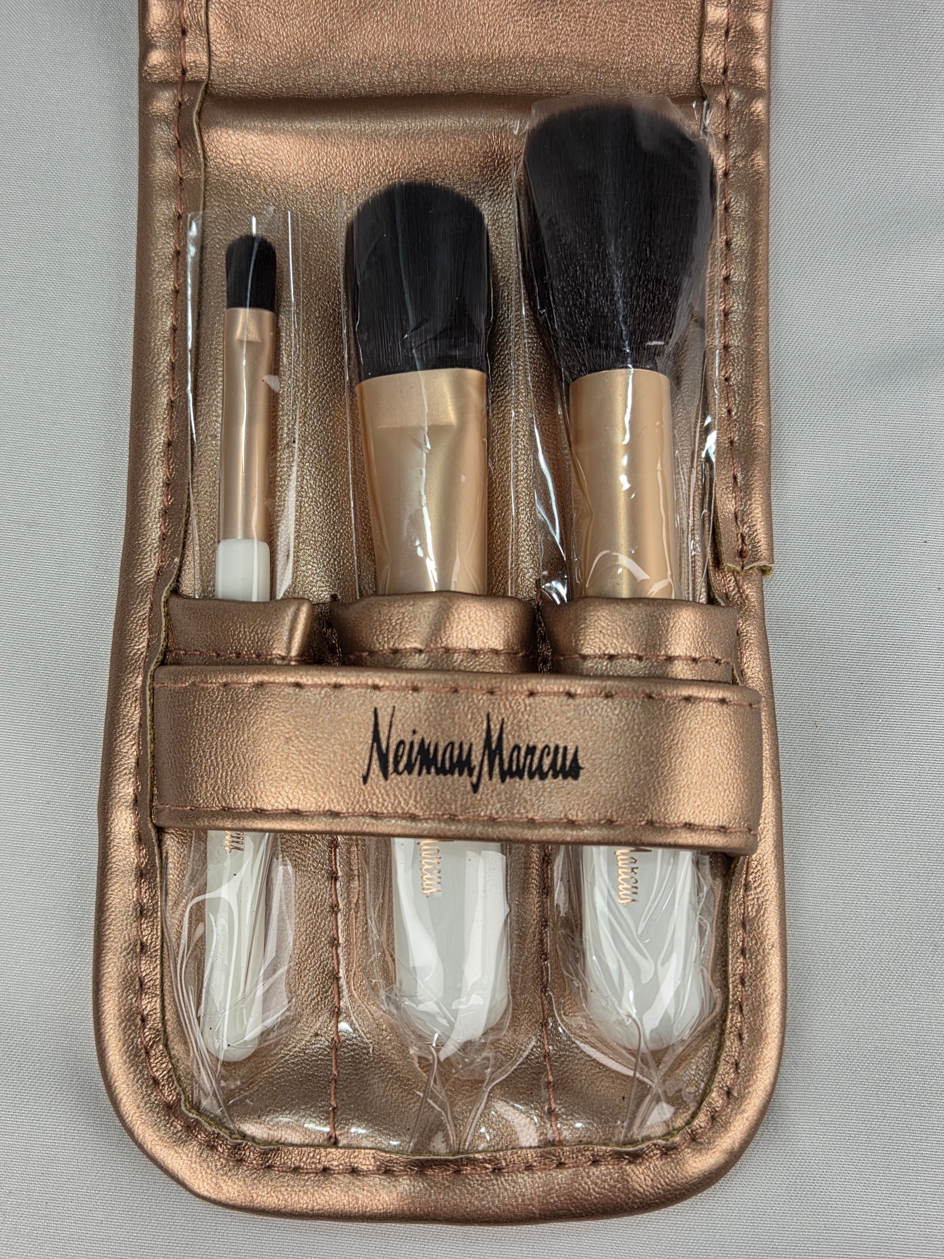 Neiman Marcus 3-Piece Makeup Brush Set with Rose Gold Travel Case – White & Metallic Cosmetic Brushes