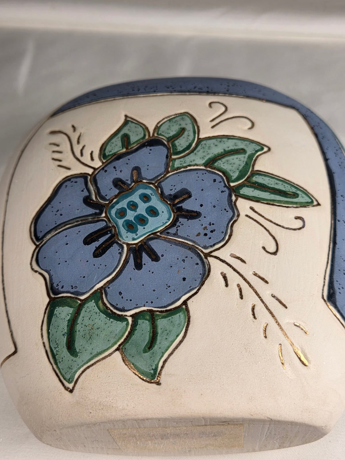 Vintage Artist-Signed Studio Pottery Floral Vase Blue Green Gold Ceramic