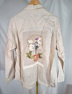 Ginny Couture Handmade Linen-Blend Button-Down Shirt with Portrait Floral Appliqué Unmarked XL Fit