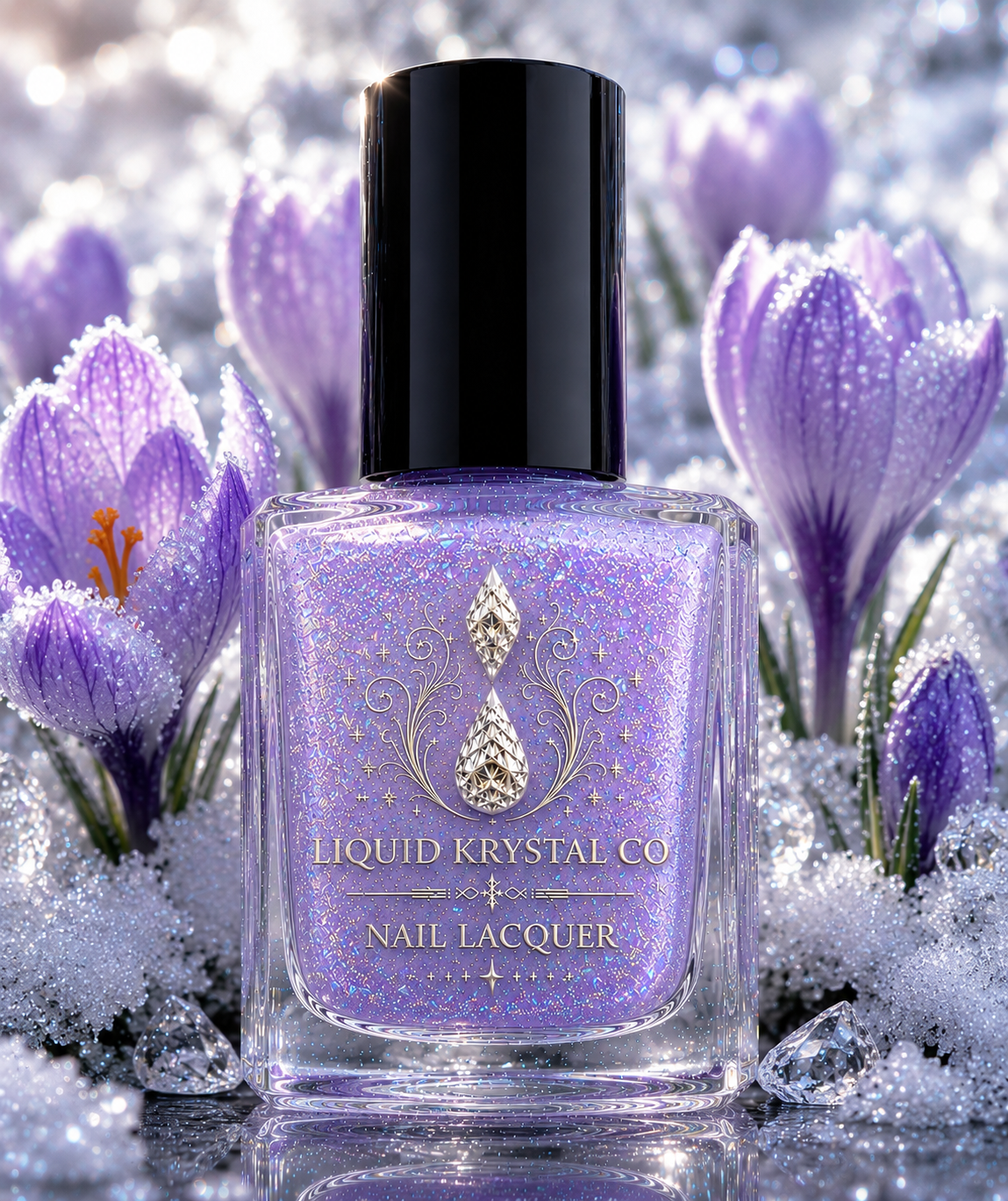 Snowkissed Crocus Nail Polish | Lavender Shimmer Lacquer | White Holographic Sparkle | Frosted Floral Nail Polish | Liquid Krystal Co.