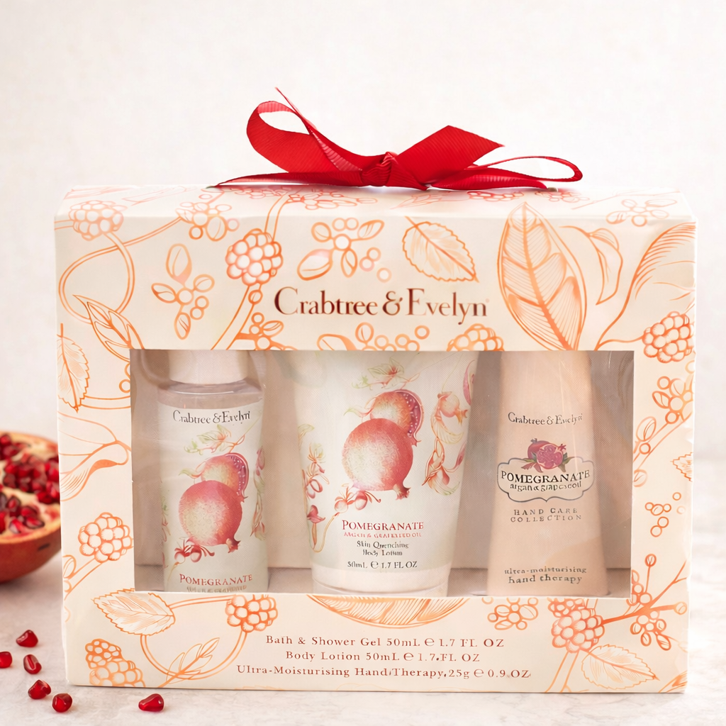Crabtree & Evelyn Pomegranate Hand Care Gift Set Bath Shower Gel Body Lotion Hand Therapy Argan & Grapeseed skincare gift set