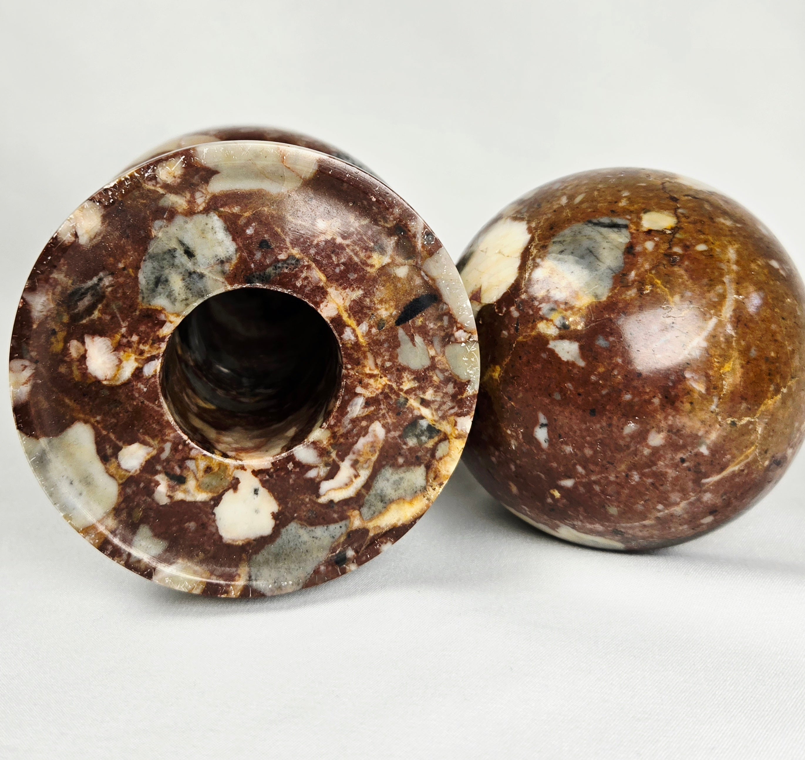 Vintage Brecciated Stone Decorative Vessel with Orb Finial Lid – 10” Tall, Heavy Stone Decor