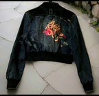 Y2K Akademiks Cropped Denim Bomber Jacket – Embroidered Buckle Detail Zip-Up