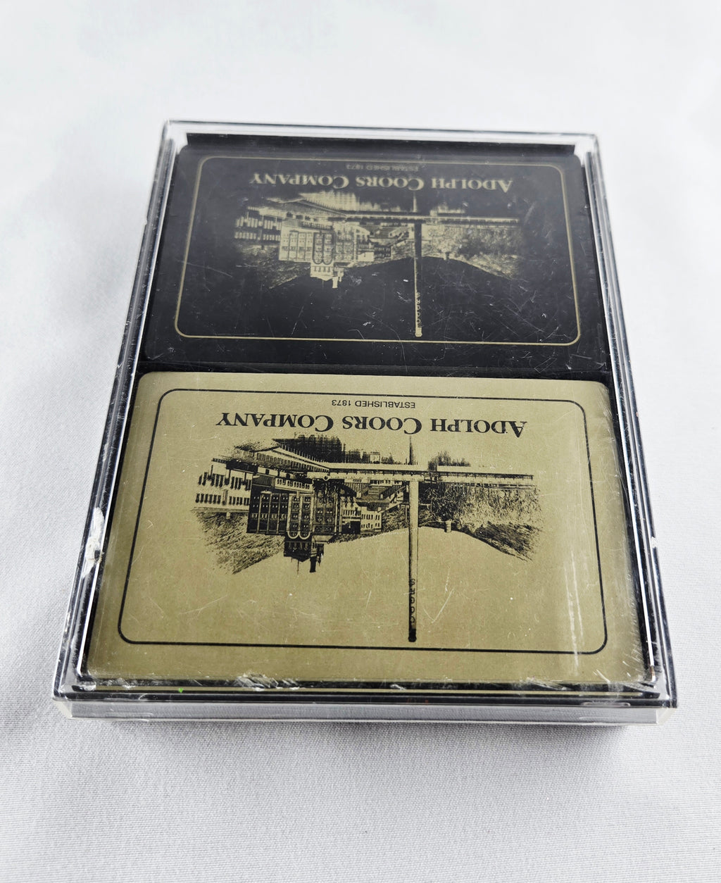 Coors Brewery Vintage Advertising Bridge Playing Cards Set – Black & Gold Adolph Coors Company Decks | Mid-Century Bar Memorabilia