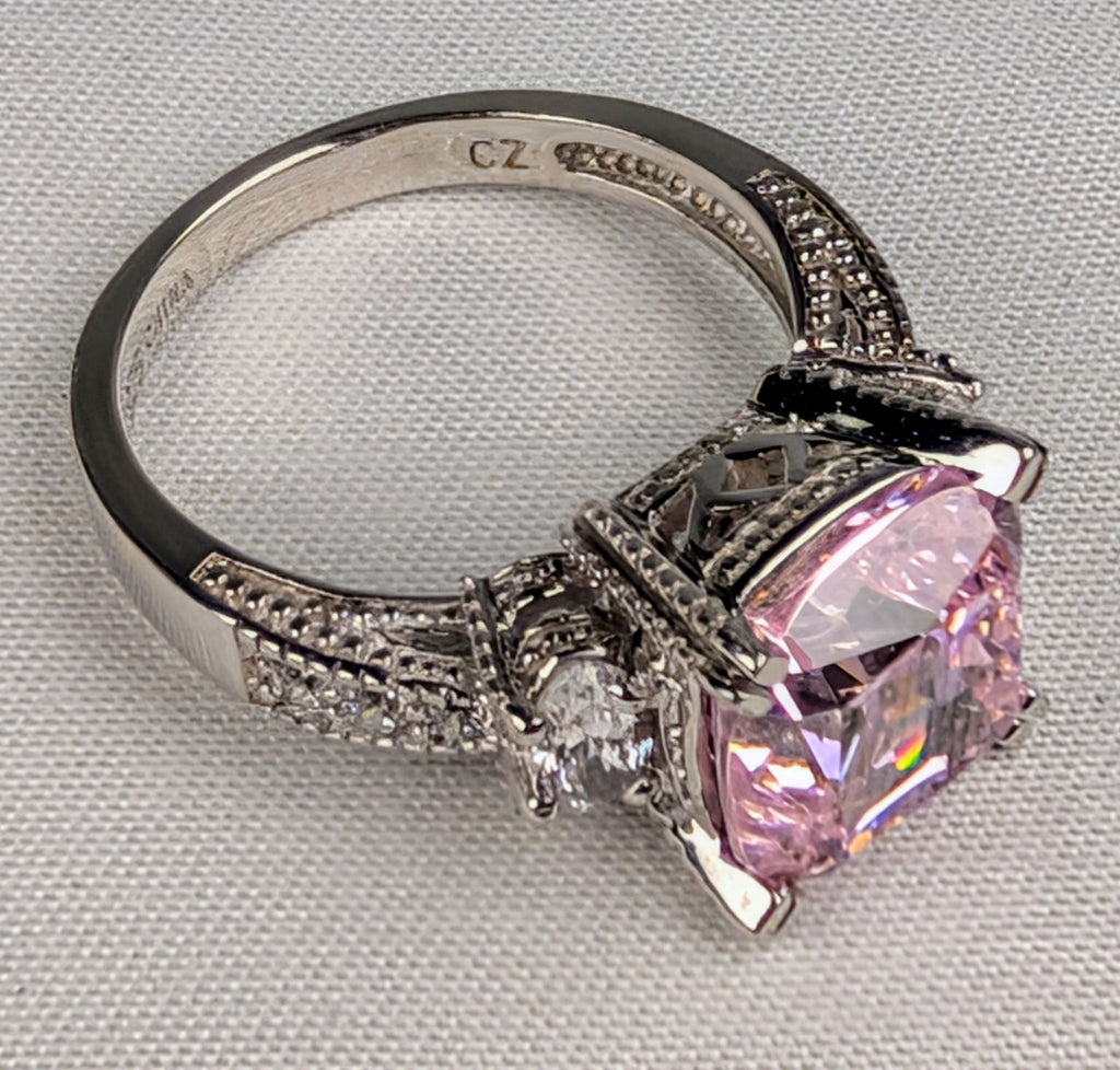 925 Sterling Silver Pink CZ Statement Ring Size 7 Vintage-Inspired Cocktail Ring