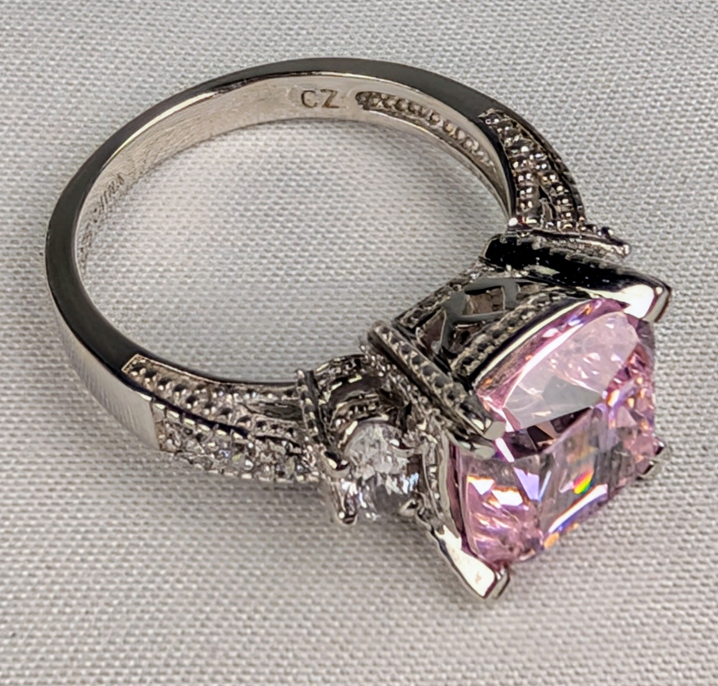 925 Sterling Silver Pink CZ Statement Ring Size 7 Vintage-Inspired Cocktail Ring