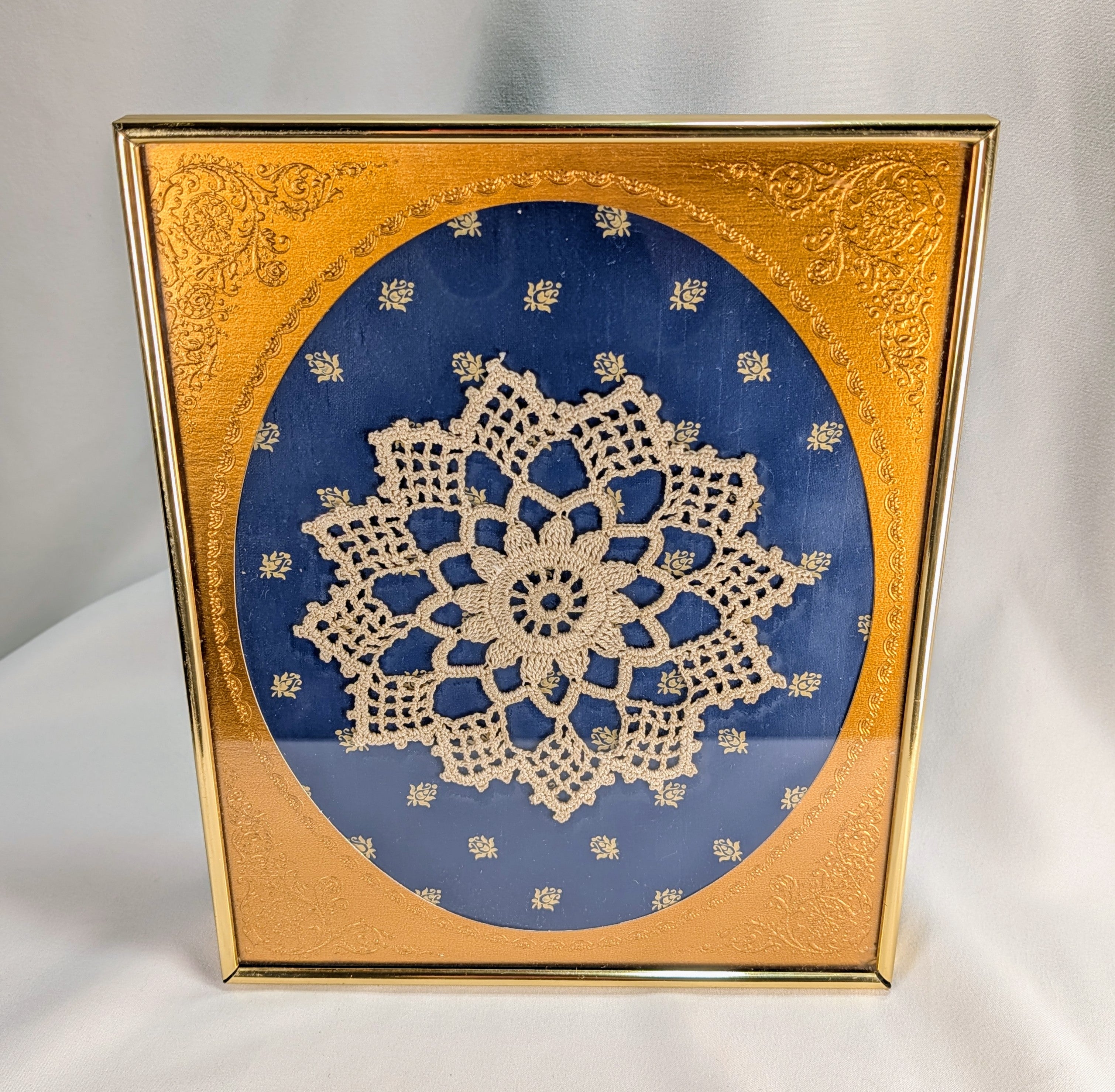 Vintage Framed Crochet Doily Wall Art Blue Gold Decorative Hanging Picture