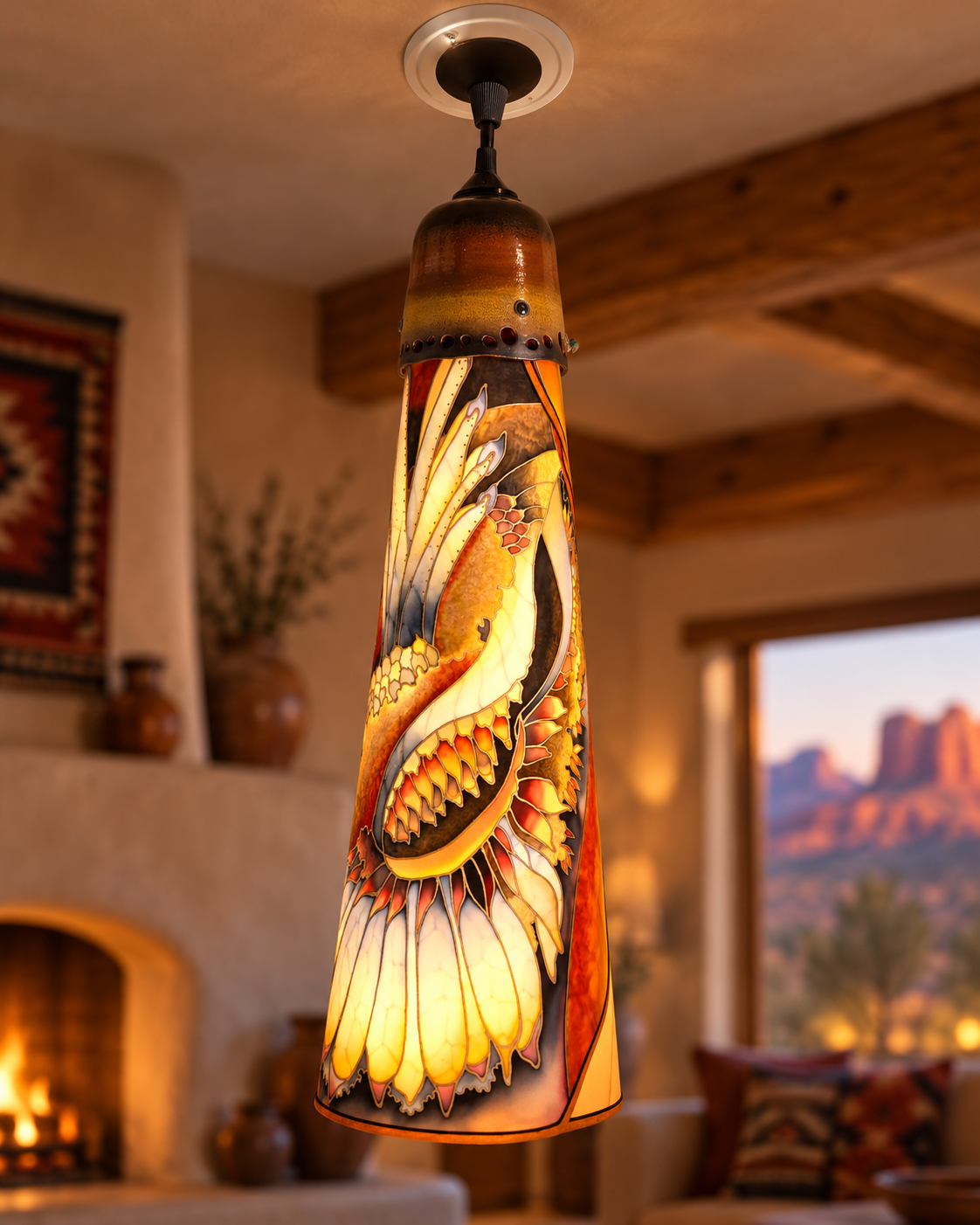 Barbara Woods Northern Pheasant Original Hand-Painted Silk Ceiling Pendant Light 31" with Fan Adapter