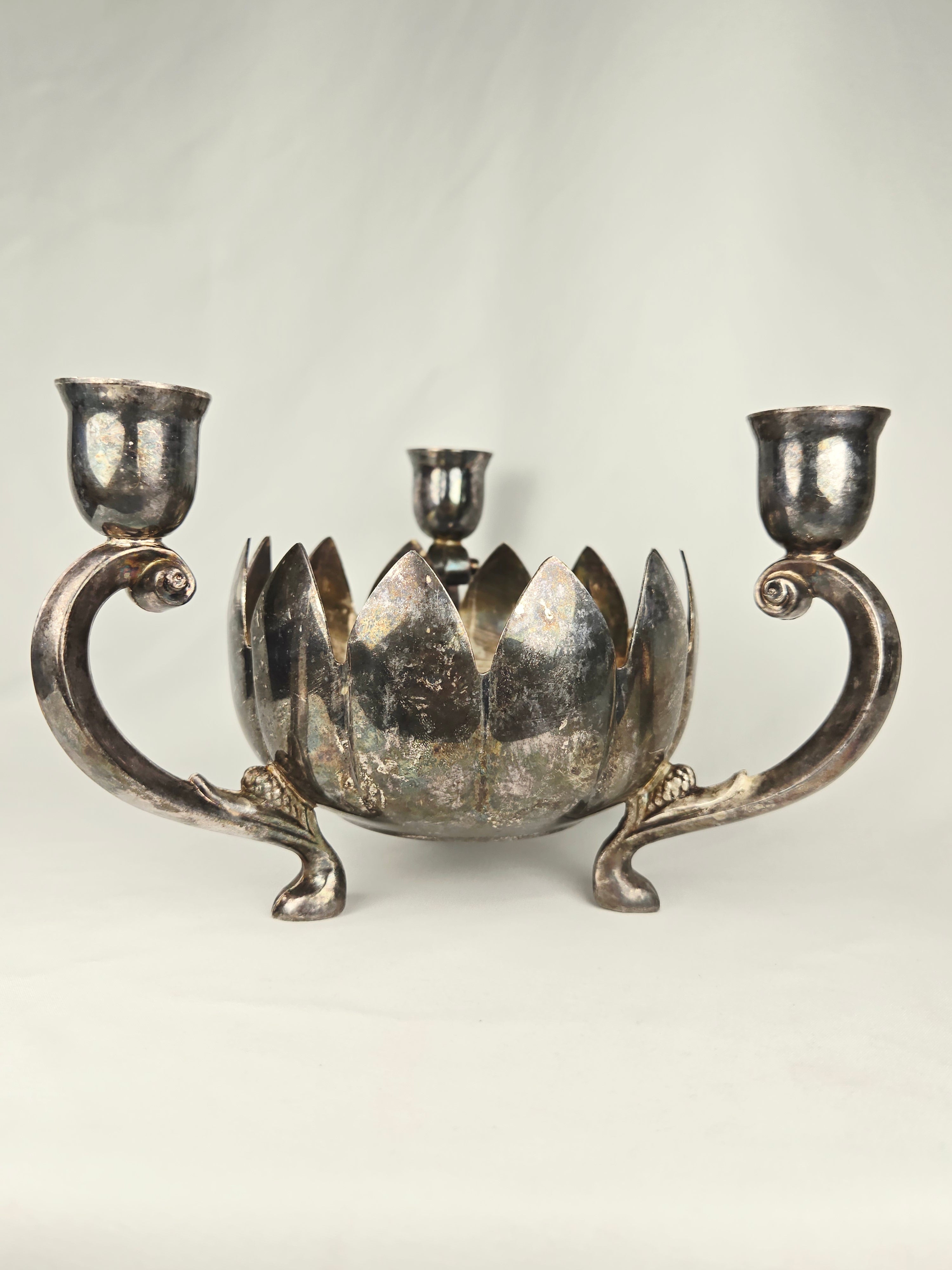 Leonard Silver Plate Lotus Candle Holder Centerpiece | Vintage Triple Arm Candelabra Bowl