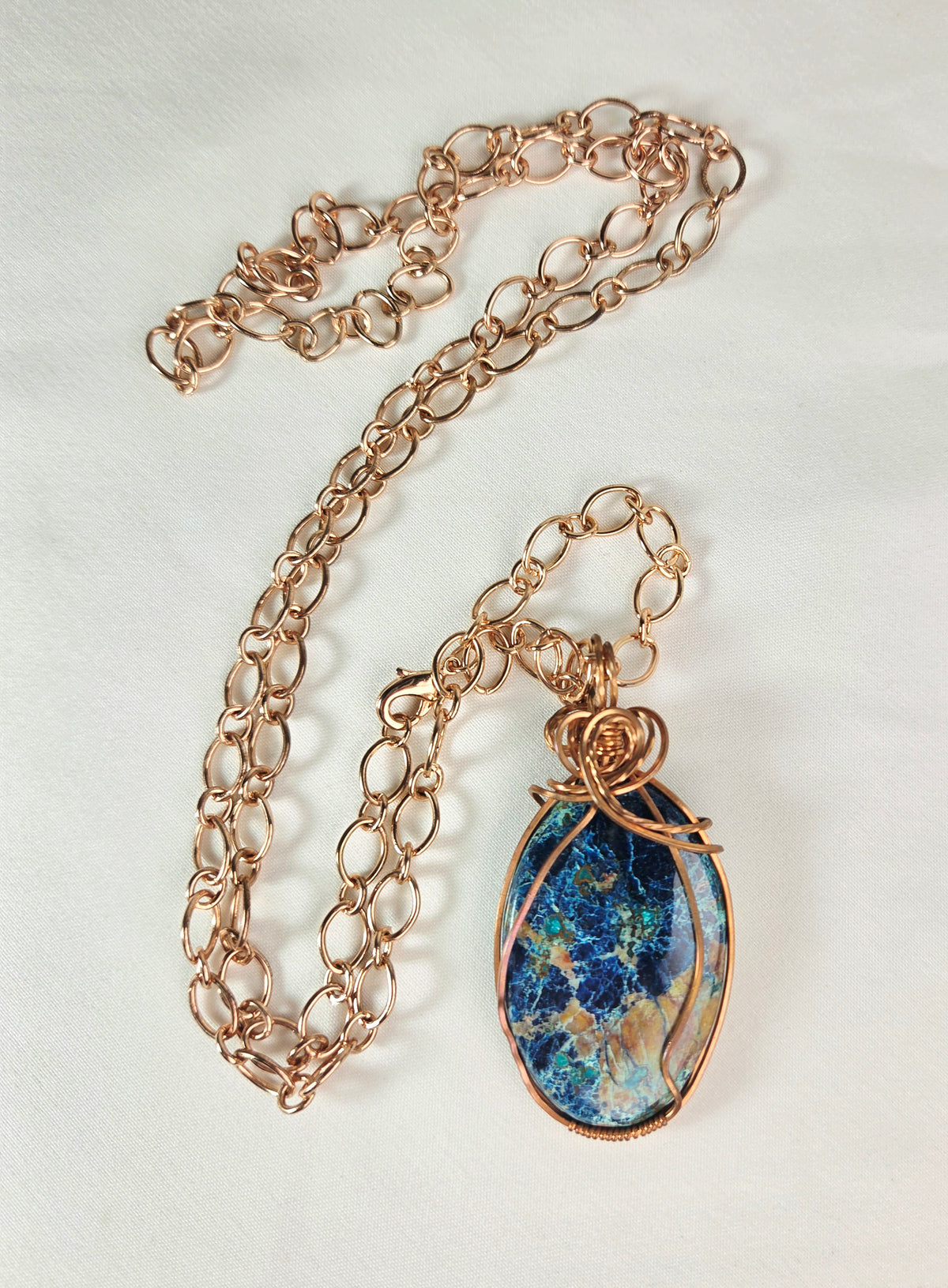 Shattuckite Azurite Stone Wire-Wrapped Pendant Necklace – Copper-Tone Chain – Blue Statement Jewelry
