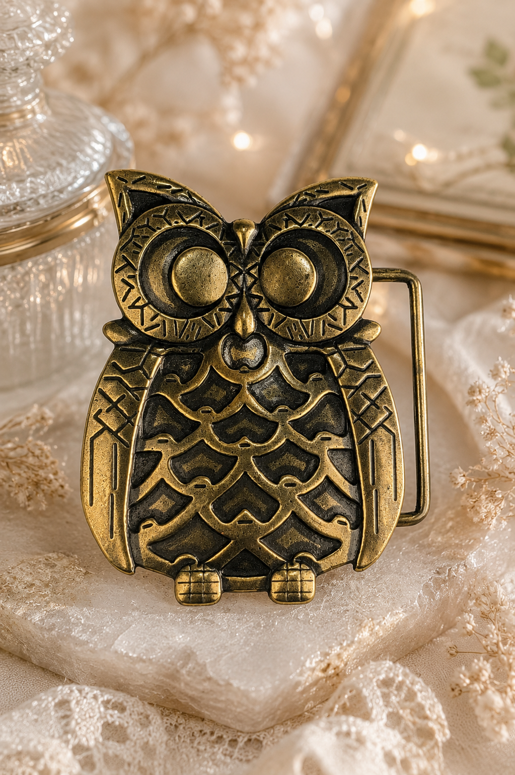 Vintage Brass Tone Owl Belt Buckle Boho Woodland Retro 70s Statement Accessory