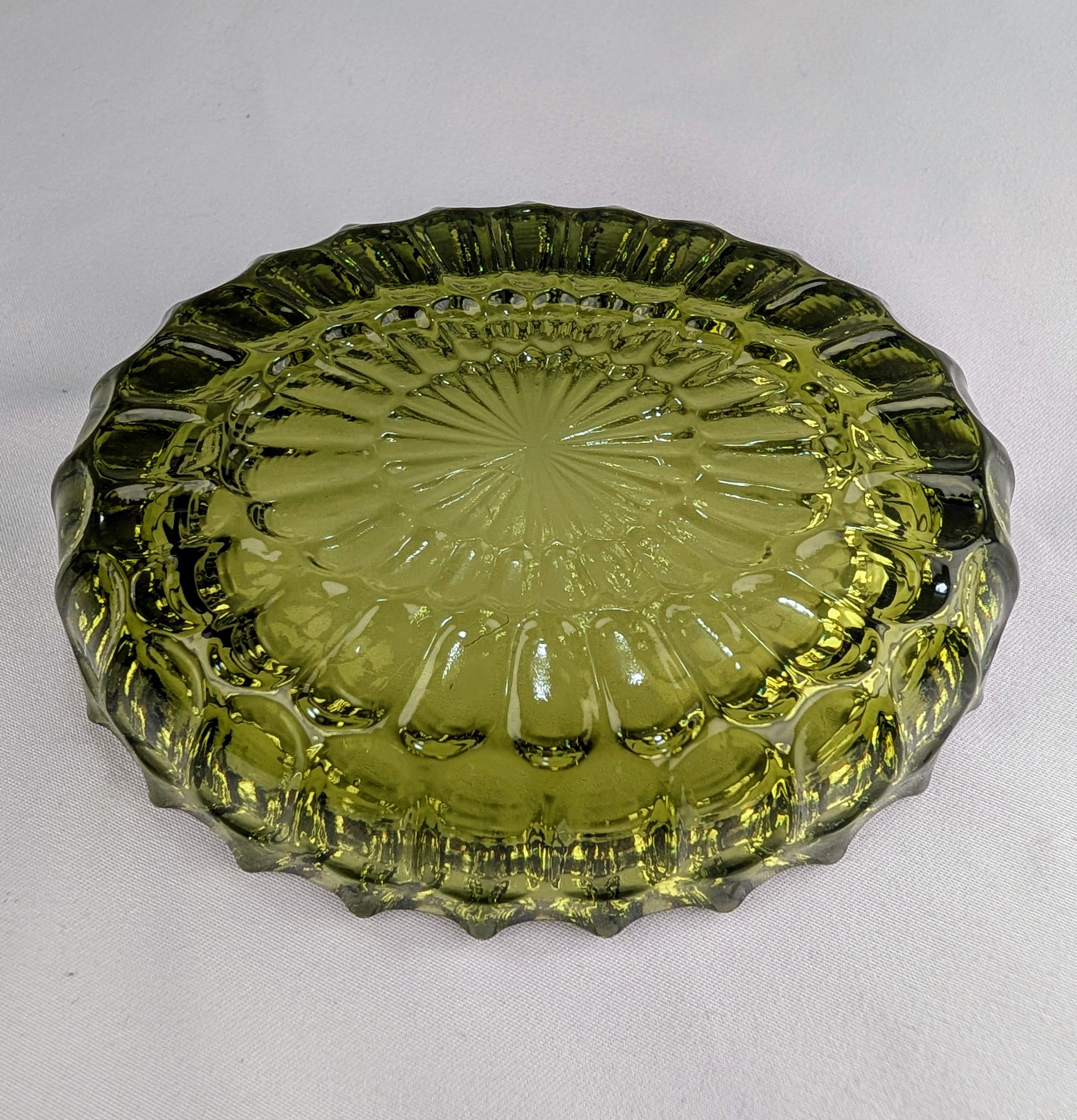Vintage Olive Green Frostia Style Pressed Glass Trinket Dish Catchall Bowl Ashtray