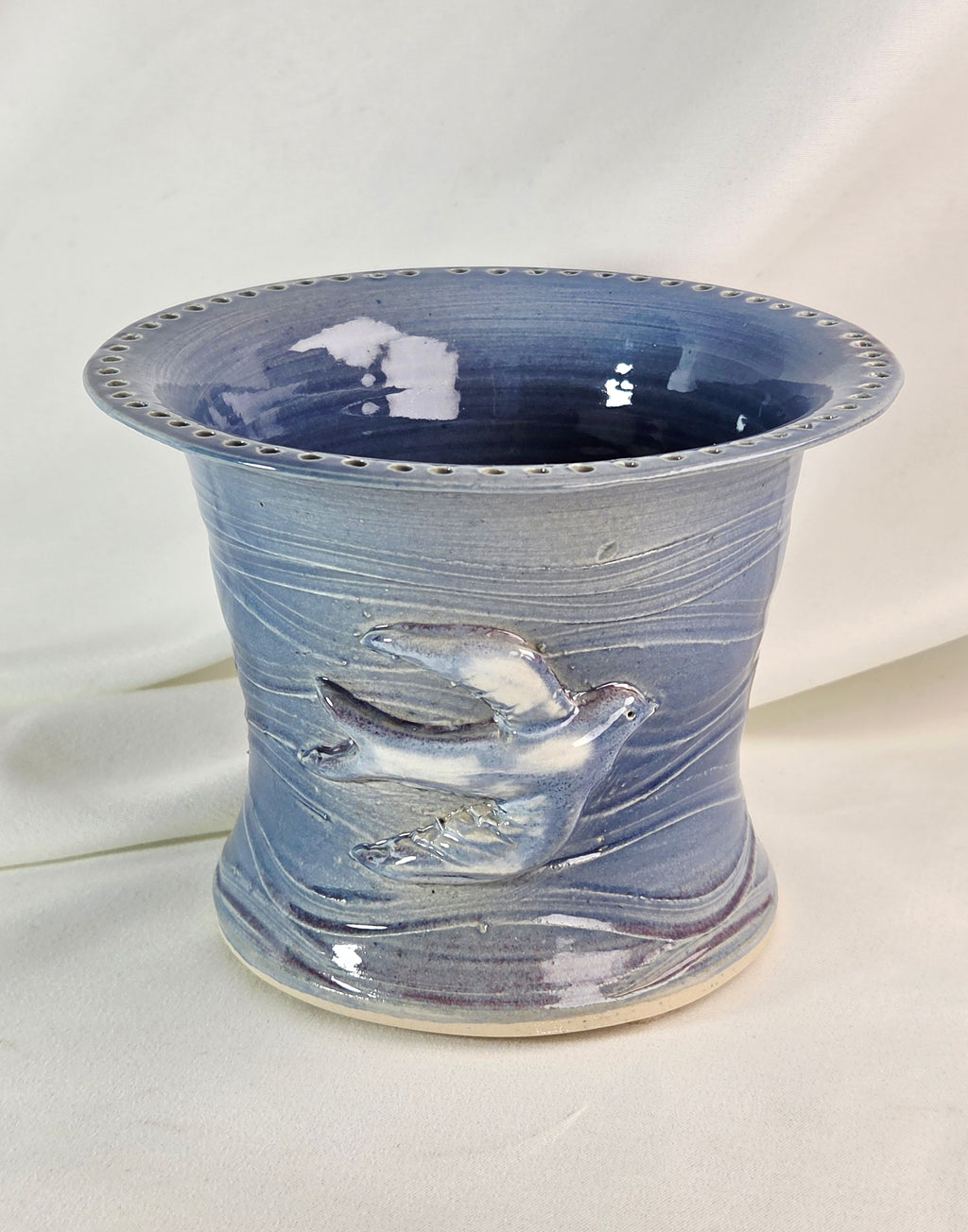 Signed Robbs Studio Pottery Pansy Ring Flower Frog Vase – Blue Bird Relief