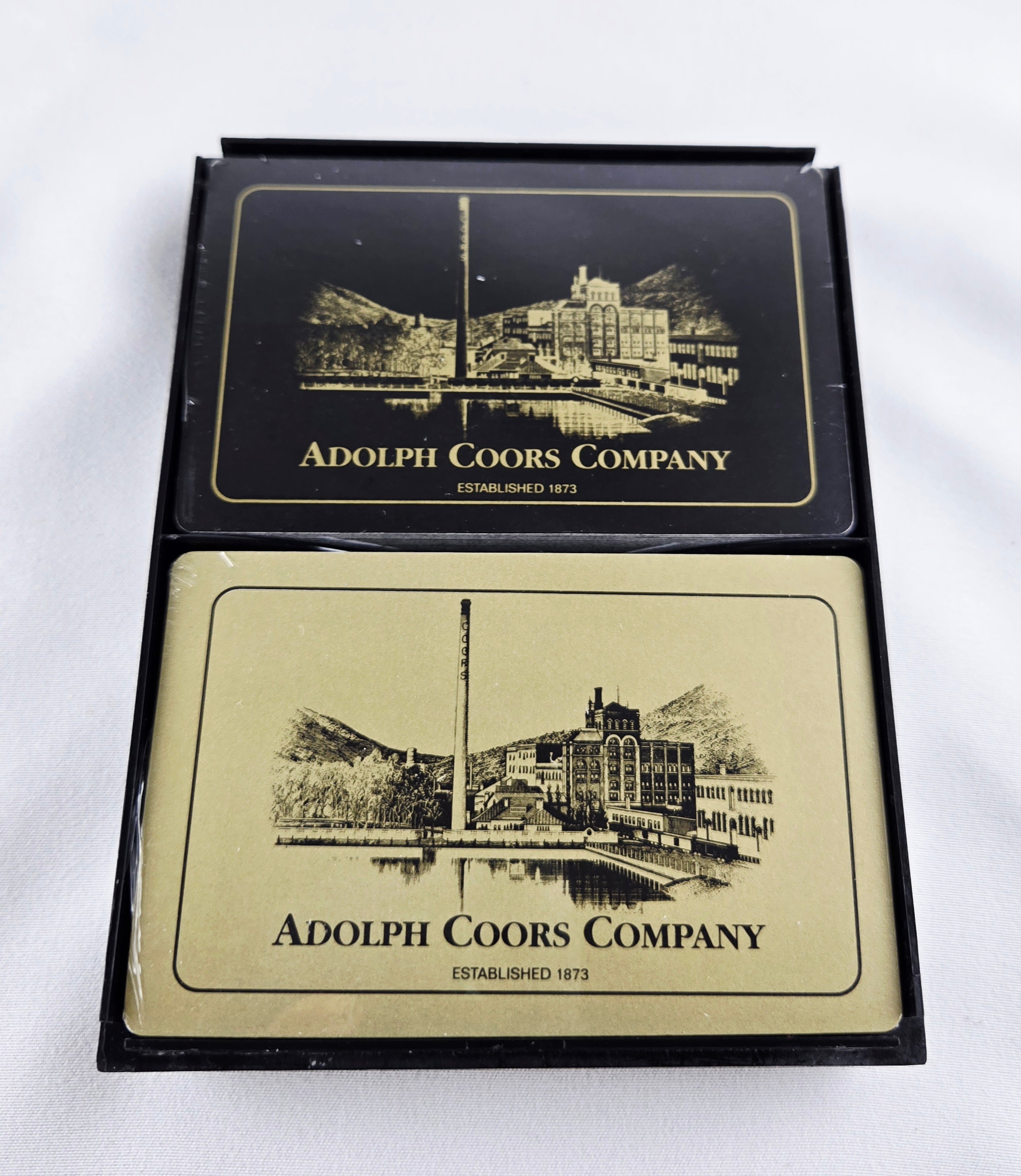 Coors Brewery Vintage Advertising Bridge Playing Cards Set – Black & Gold Adolph Coors Company Decks | Mid-Century Bar Memorabilia