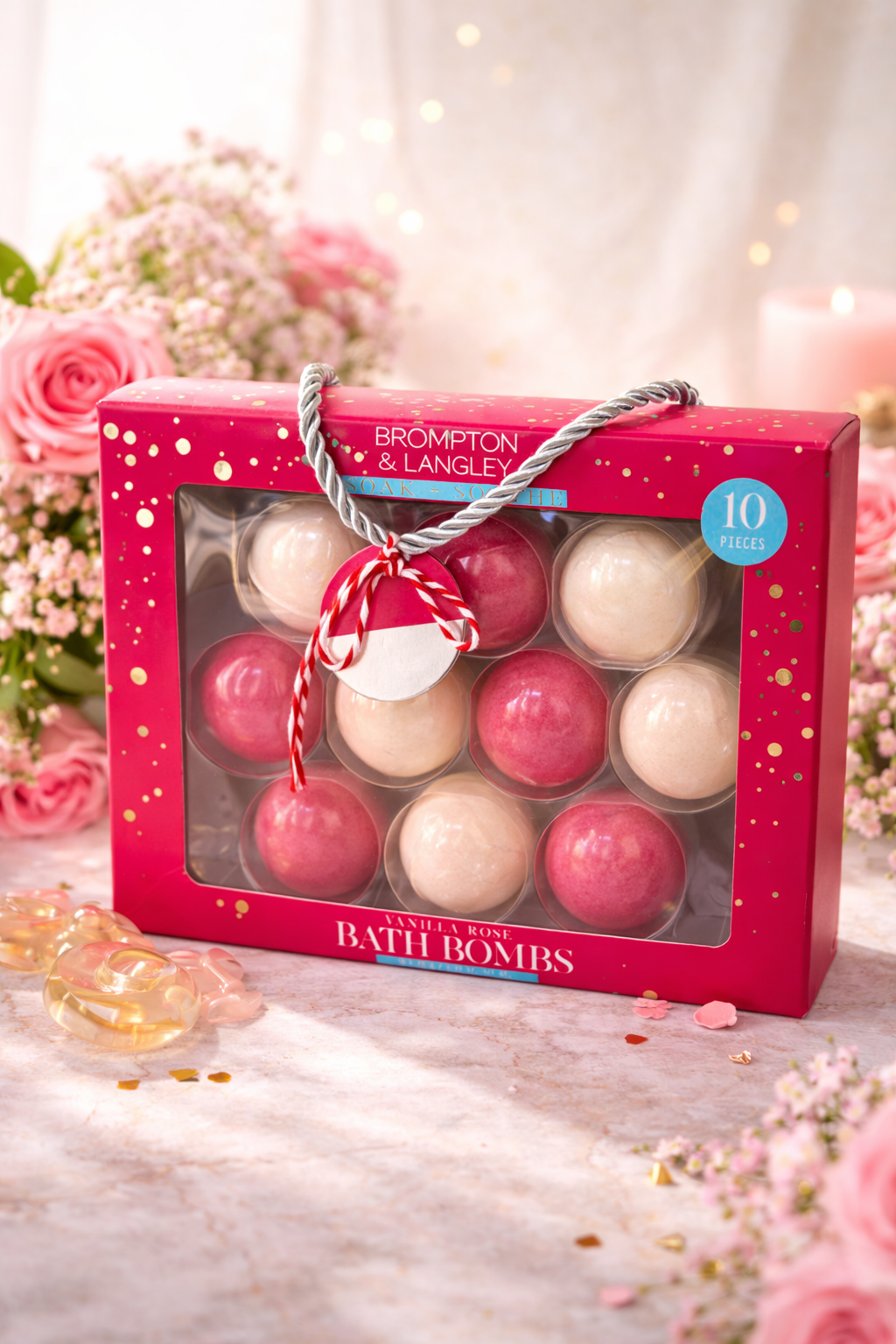 Brompton & Langley Vanilla Rose Bath Bomb Gift Set (10pc) – Soak & Soothe Spa Collection, Pink Luxury Self-Care Box