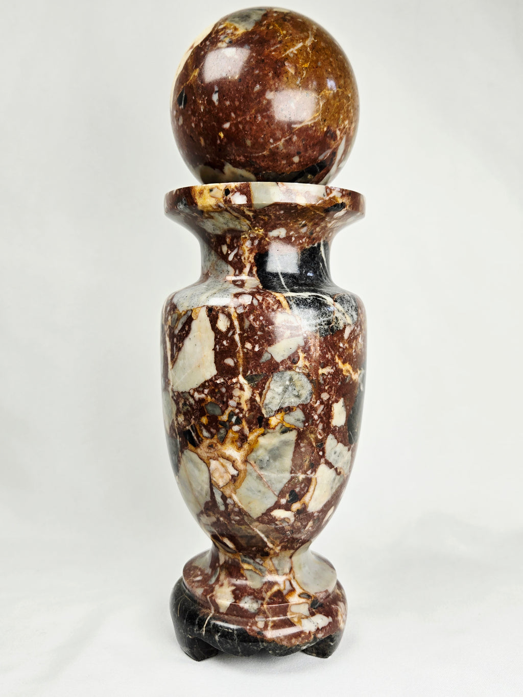 Vintage Brecciated Stone Decorative Vessel with Orb Finial Lid – 10” Tall, Heavy Stone Decor