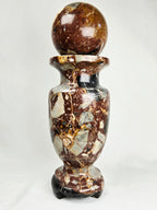 Vintage Brecciated Stone Decorative Vessel with Orb Finial Lid – 10” Tall, Heavy Stone Decor