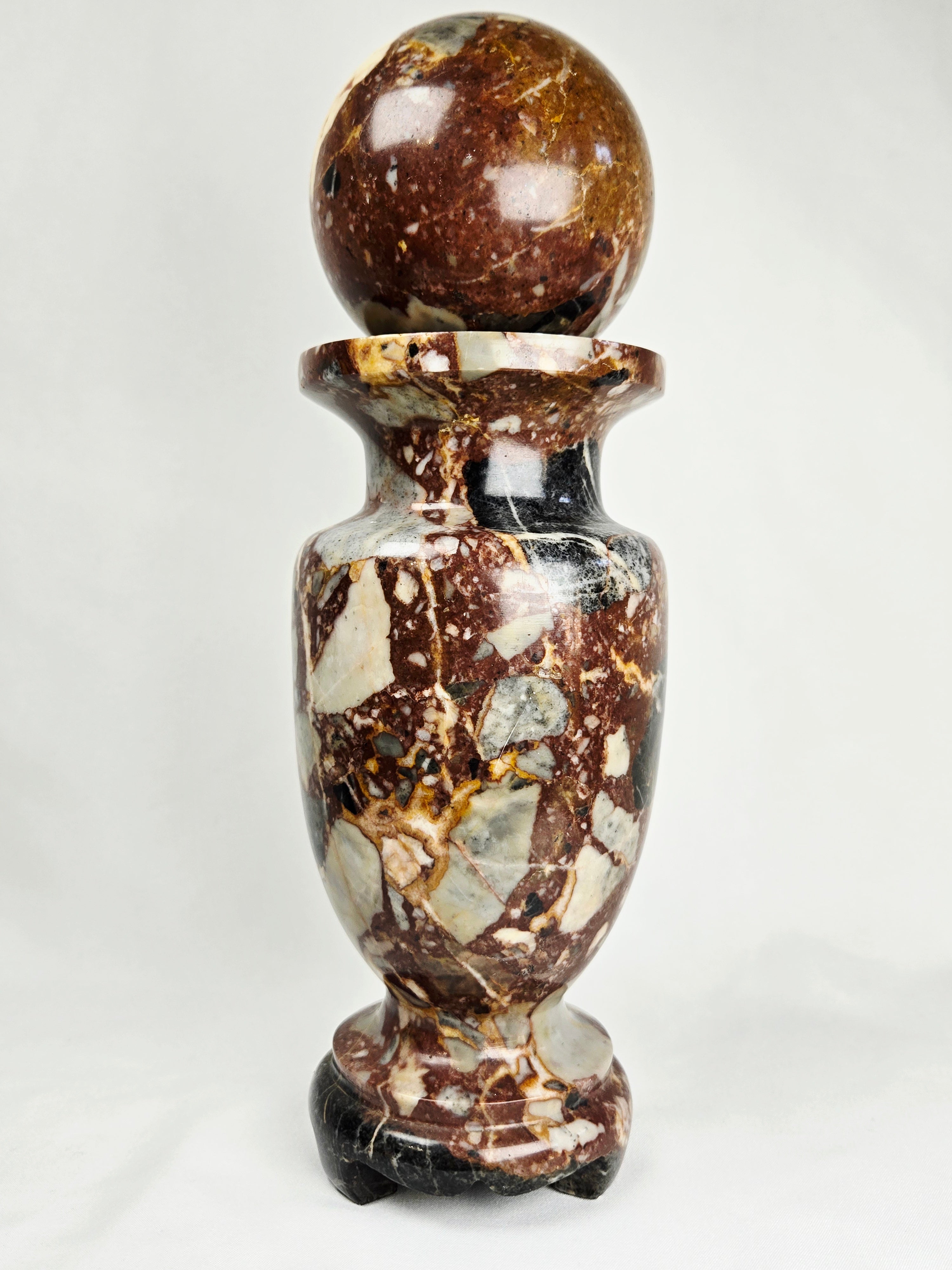 Vintage Brecciated Stone Decorative Vessel with Orb Finial Lid – 10” Tall, Heavy Stone Decor