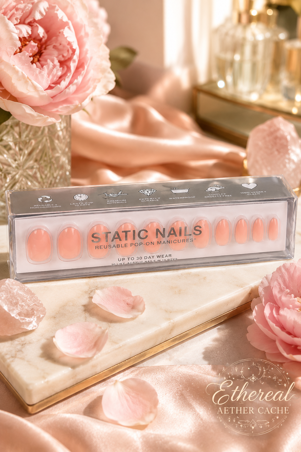Static Nails Jet Setter Round | Soft Peach Nude Press-On Nails | Reusable Pop-On Manicure | Up to 30 Day Wear