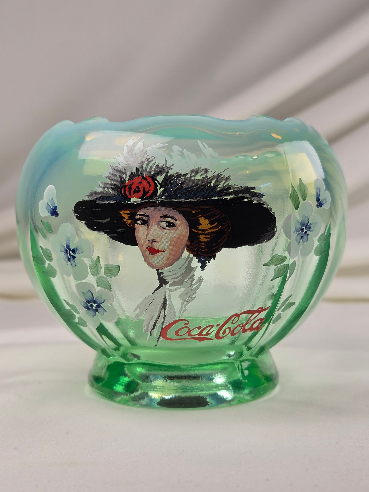 Fenton Green Opalescent Coca-Cola Gibson Girl Hand-Painted Rose Bowl
