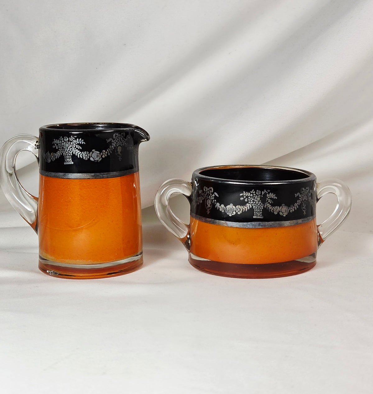 Vintage Orange Black Glass Creamer & Sugar Bowl Set Silver-Tone Floral Overlay