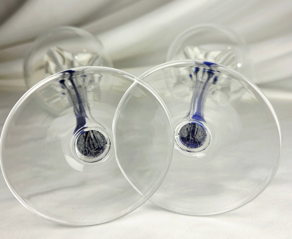 Pair Tall Cobalt Blue High Quality Wine Goblets | Art Glass Stemware 10.5"