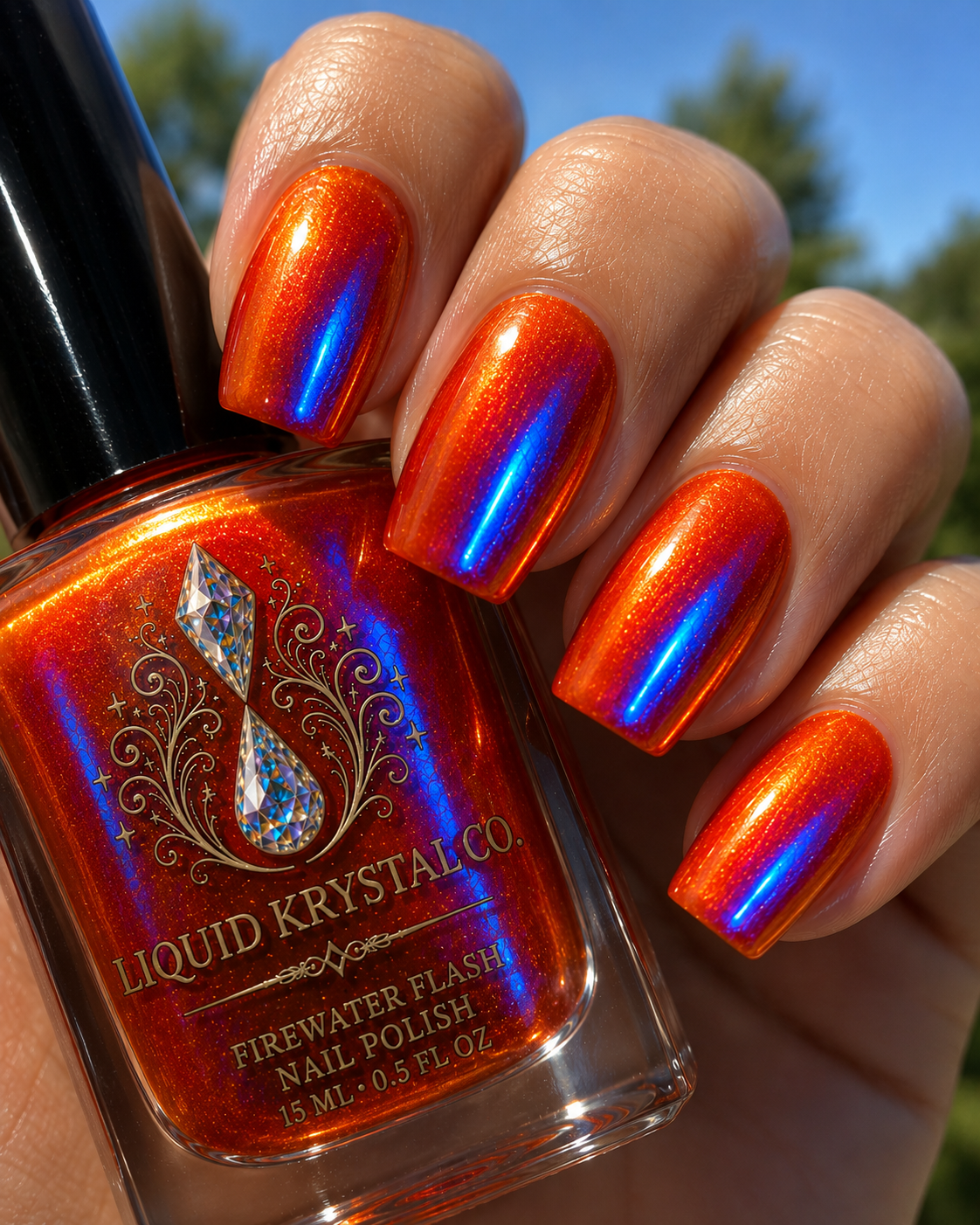 Firewater Flash | NOT FOR SALE- Orange Nail Polish with Electric Blue Aurora Shimmer | Liquid Krystal Co - Prototype - 2027