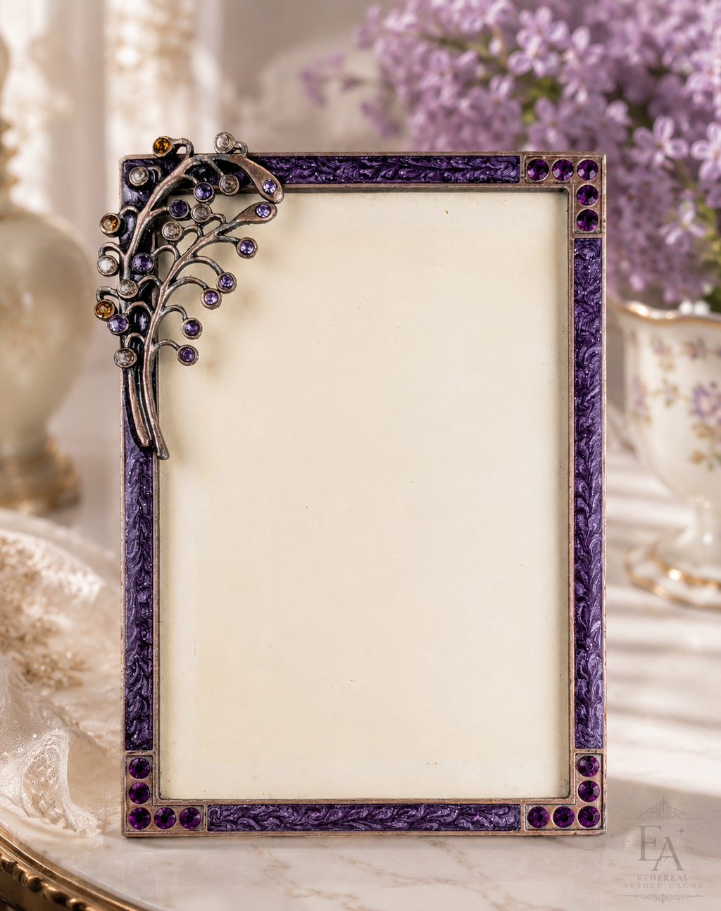 Vintage Purple Rhinestone & Enamel Floral Photo Frame Display