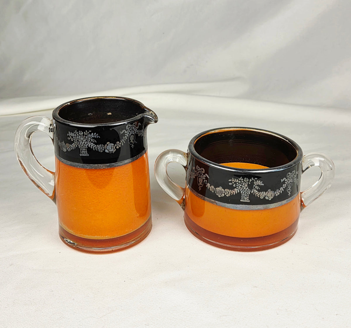Vintage Orange Black Glass Creamer & Sugar Bowl Set Silver-Tone Floral Overlay