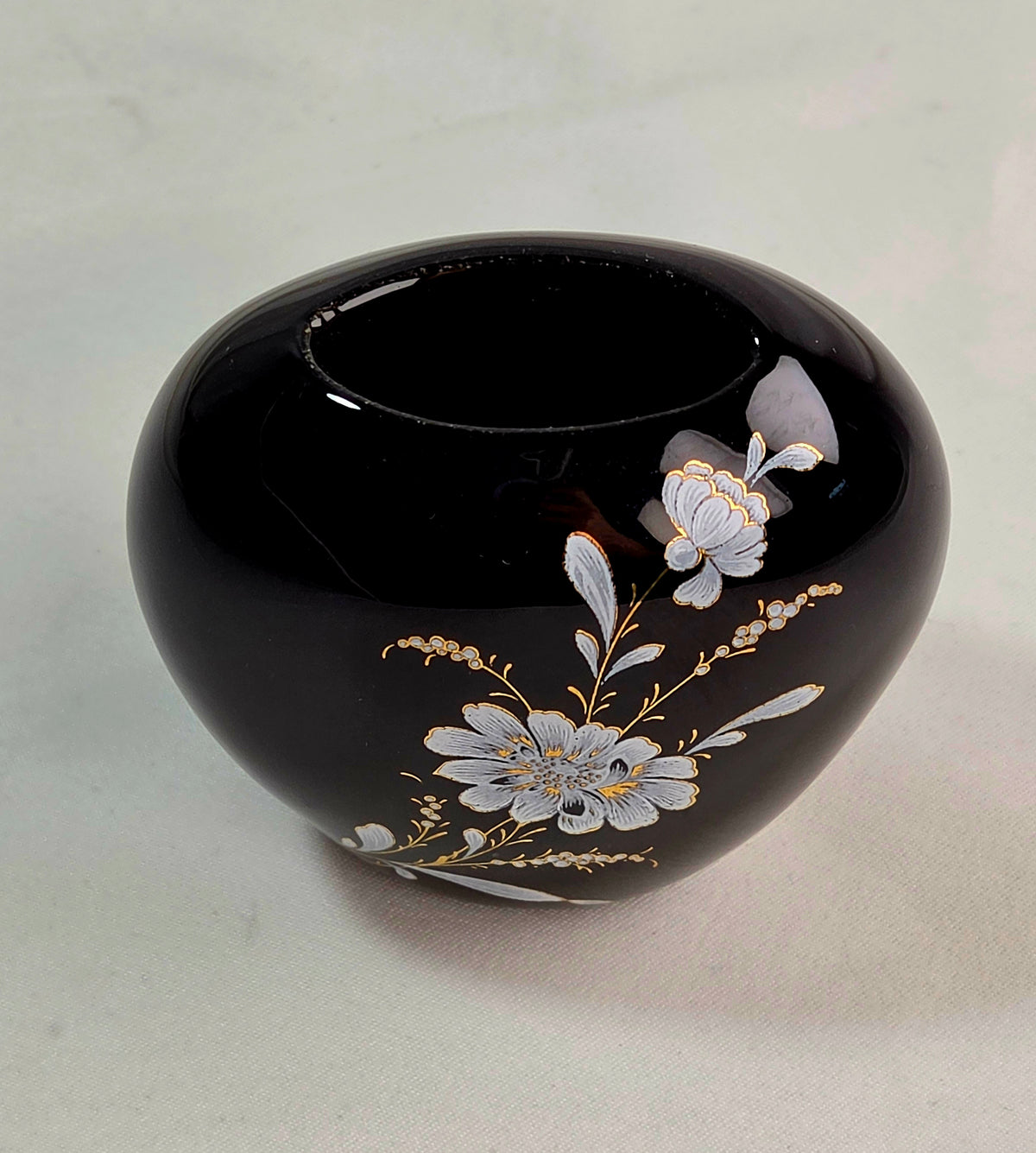 Miniature Black Floral Vase White Flowers Gold Accents Small Vintage Style Bud Vase