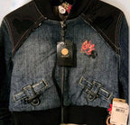 Y2K Akademiks Cropped Denim Bomber Jacket – Embroidered Buckle Detail Zip-Up