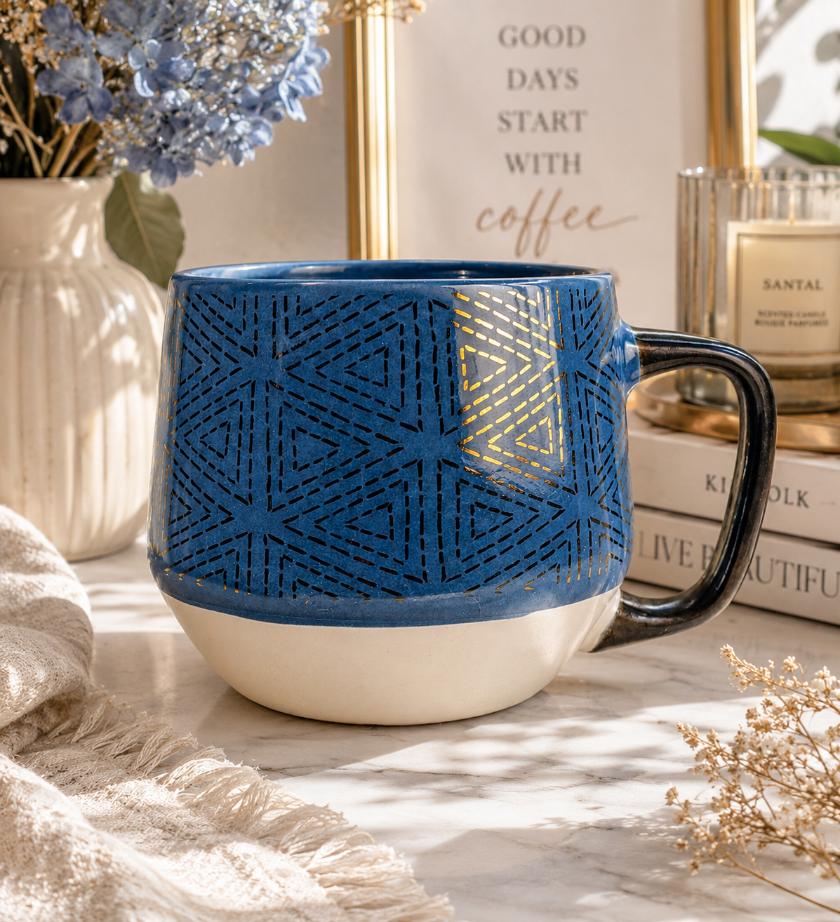 Blue Geometric Threshold Stoneware Coffee Mug Gold Accent Handle Large Cup