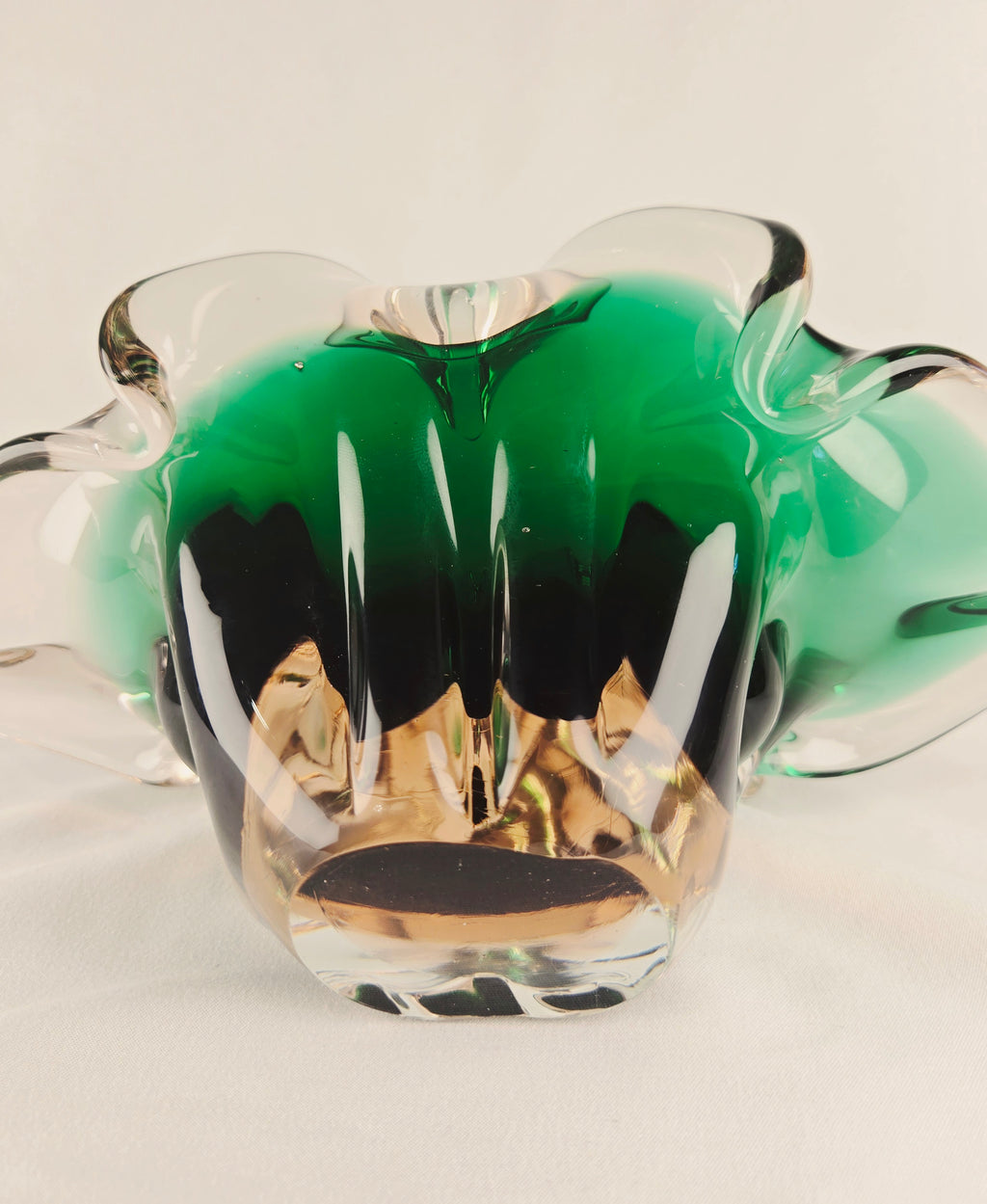 Large Sculptural Sommerso Art Glass Bowl – Emerald Green & Blush 12” Centerpiece