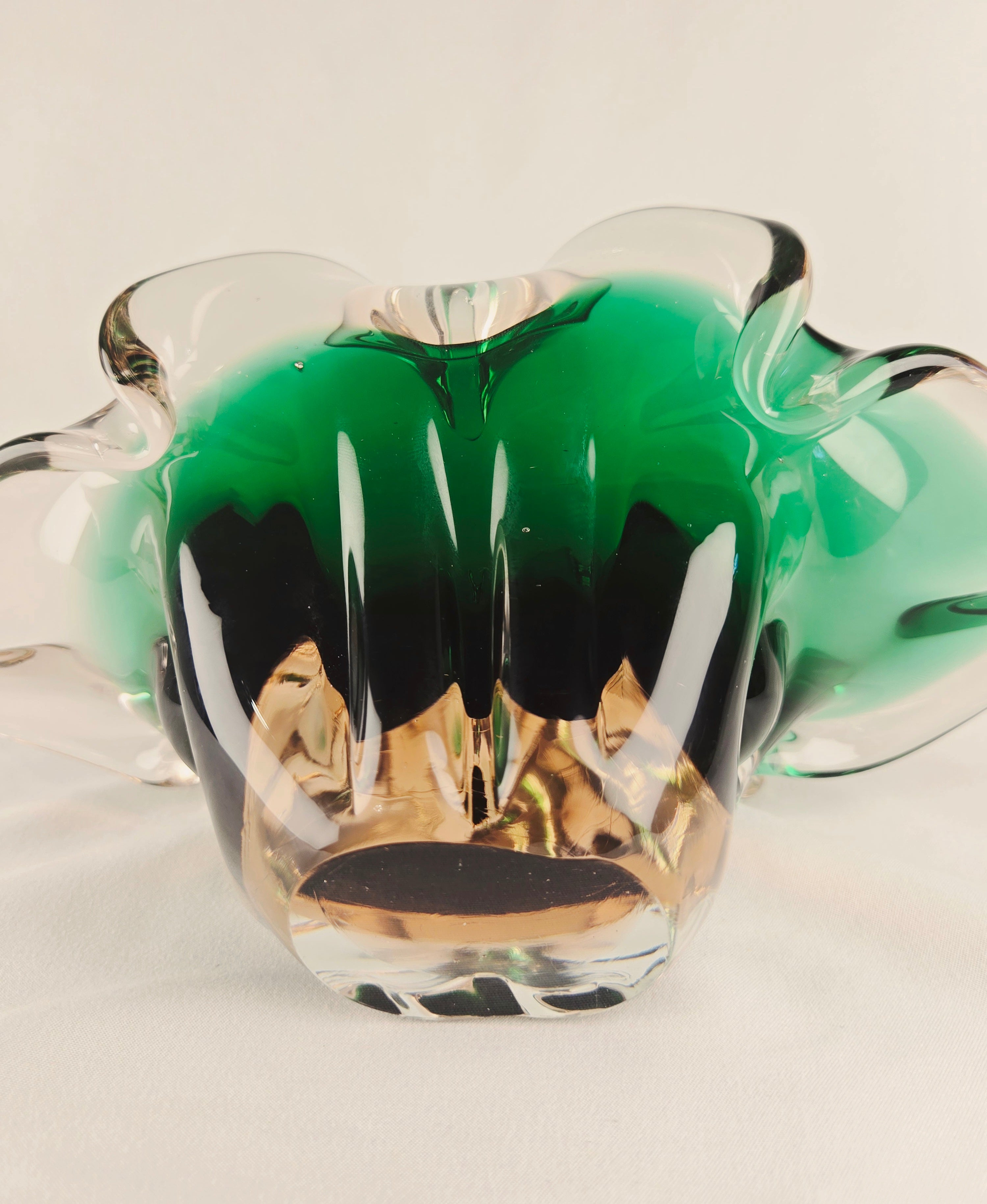 Large Sculptural Sommerso Art Glass Bowl – Emerald Green & Blush 12” Centerpiece