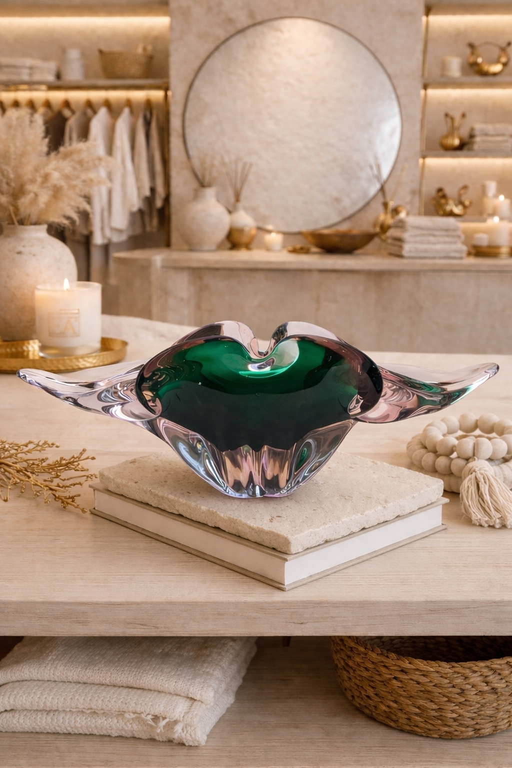 Large Sculptural Sommerso Art Glass Bowl – Emerald Green & Blush 12” Centerpiece