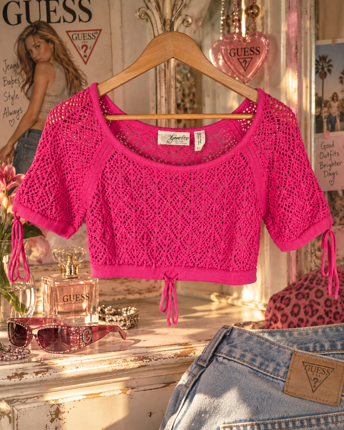 Vintage Y2K GUESS Hot Pink Crochet Cropped Top — Size Small