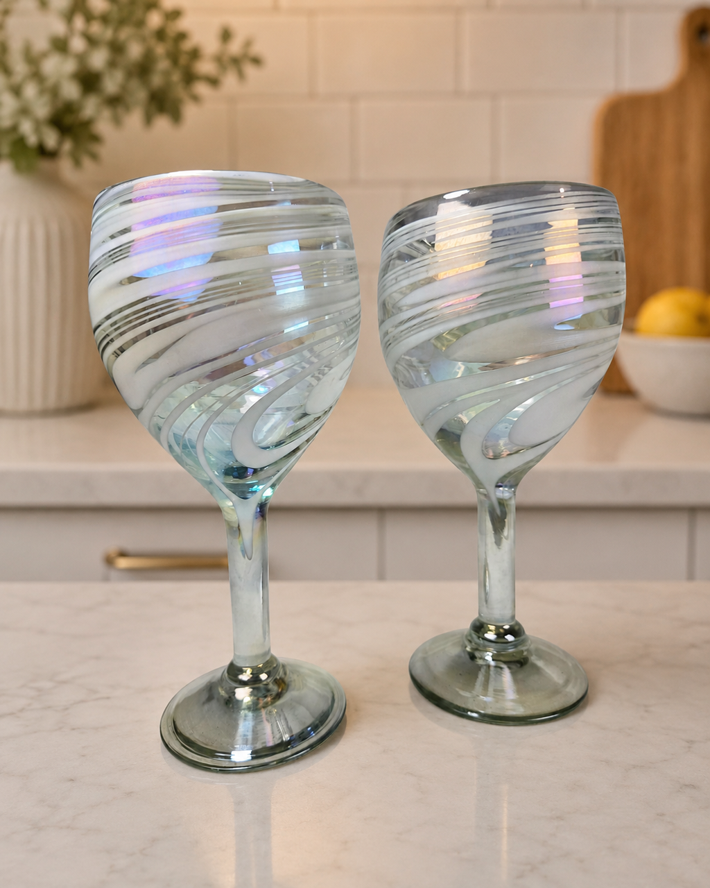Hand Blown Art Glass Wine Goblets – White Iridescent Swirl Pair – 7.5"