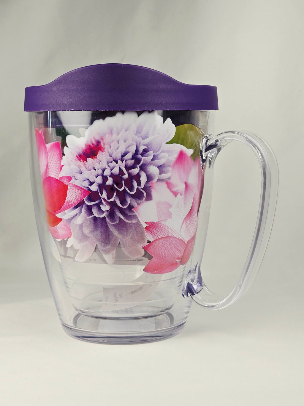Tervis Double Wall Floral Travel Mug With Purple Lid & Handle – Insulated Coffee Cup