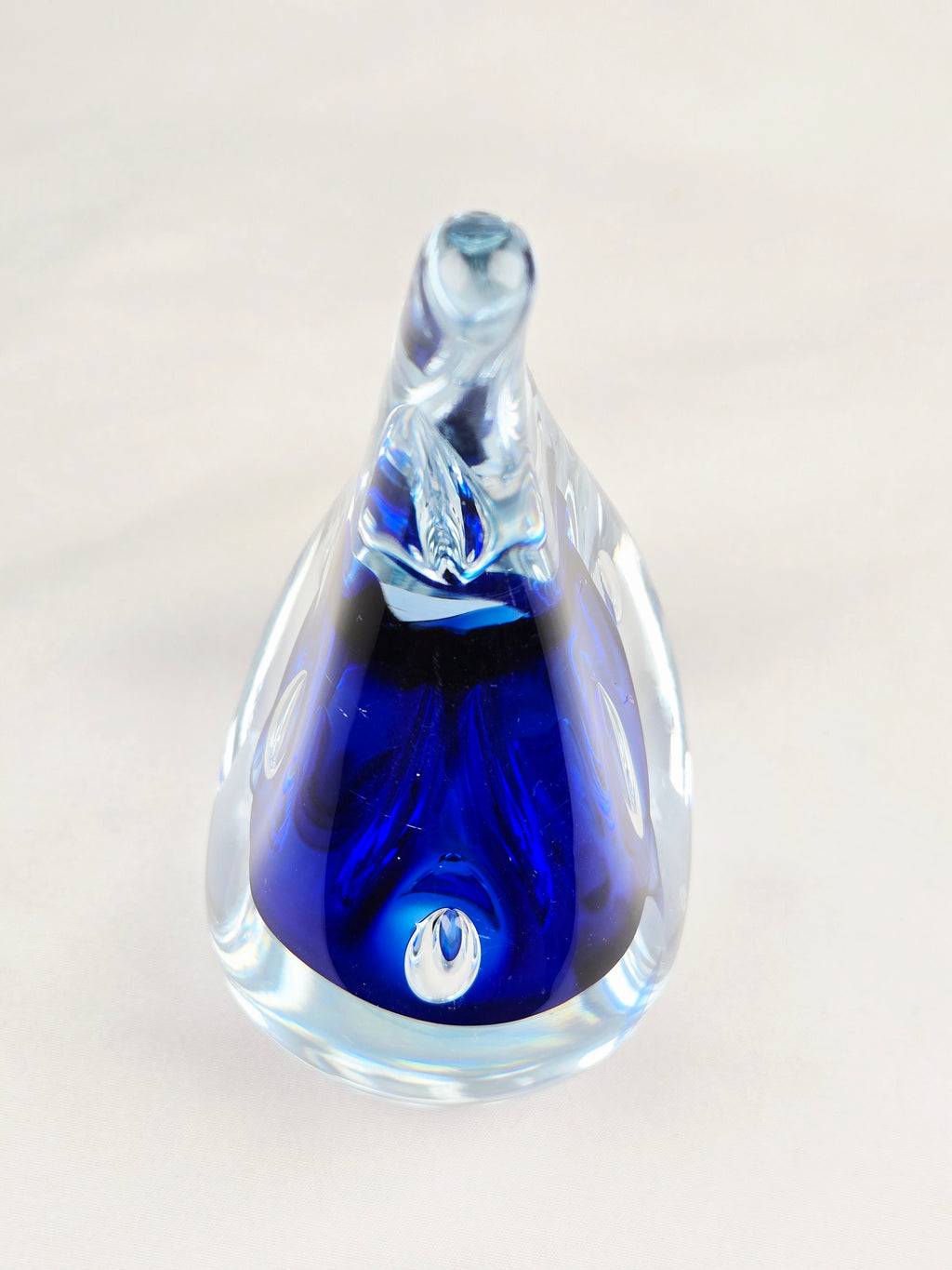 Signed AJ Blue Art Glass Teardrop Paperweight — Cobalt Core Handblown Studio Glass Sculpture -6.5"