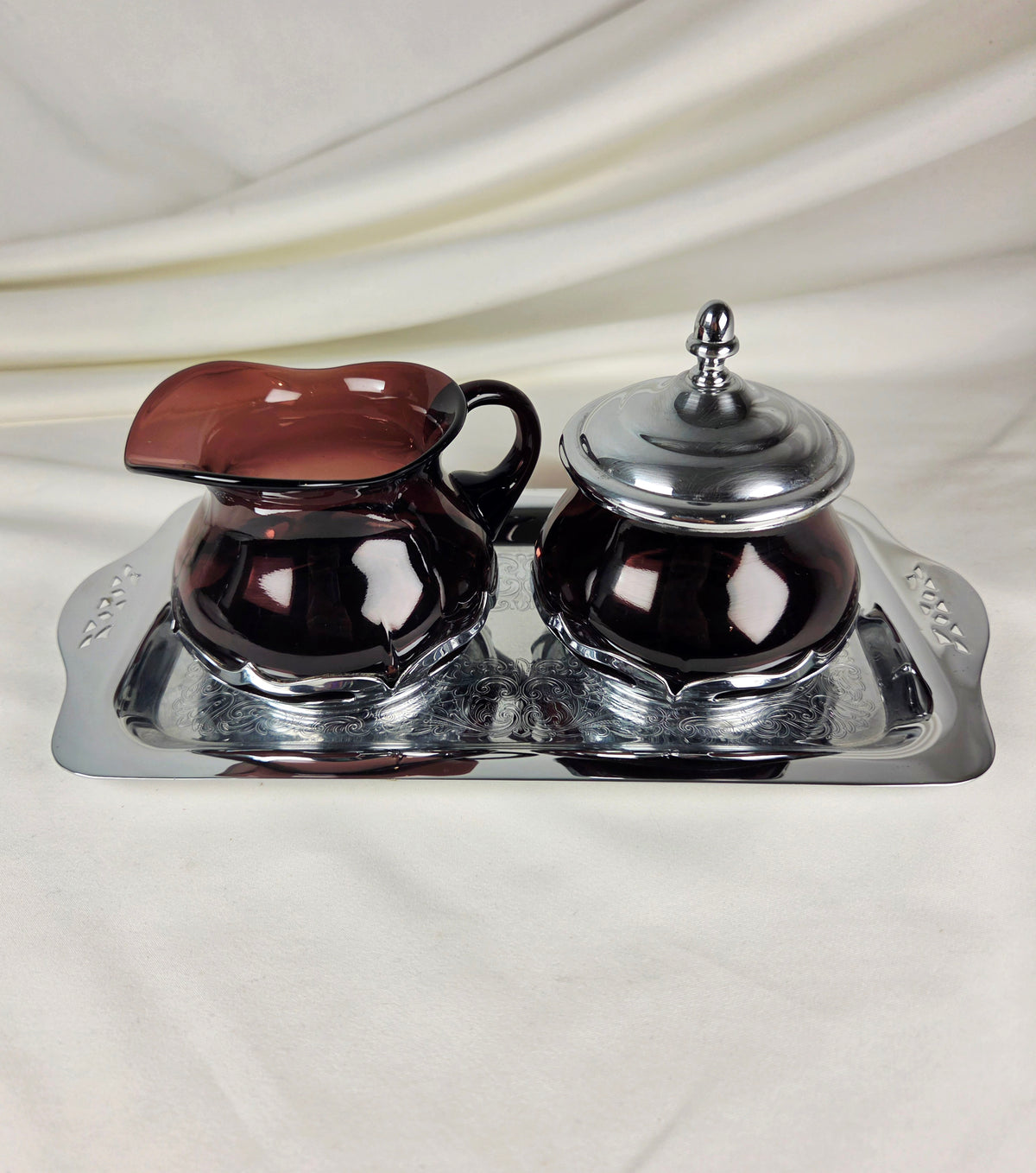 Vintage Farber Bros Krome-Kraft Amethyst Glass Creamer Sugar Bowl & Chrome Tray