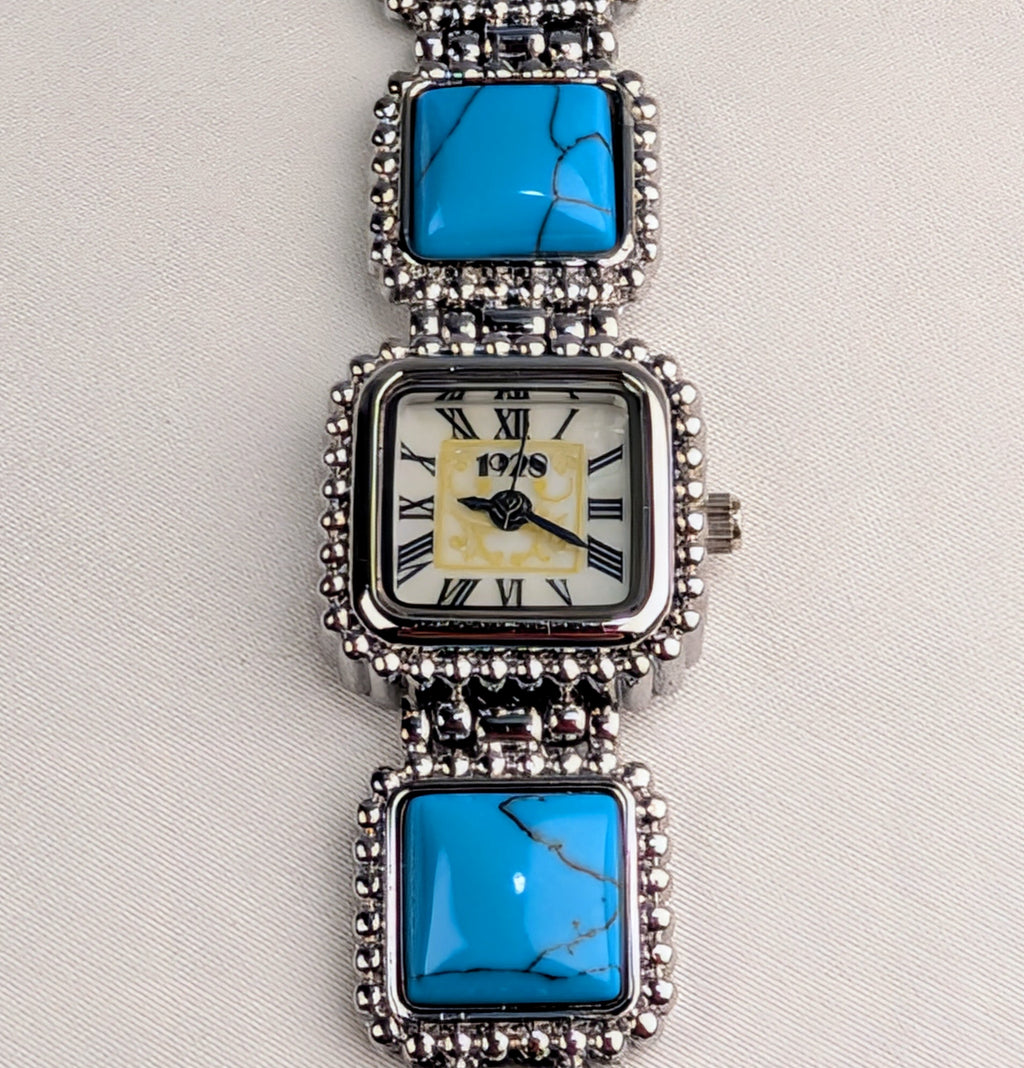 Vintage 1928 Turquoise Style Bracelet Watch Southwestern Beaded Silver Tone