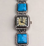 Vintage 1928 Turquoise Style Bracelet Watch Southwestern Beaded Silver Tone