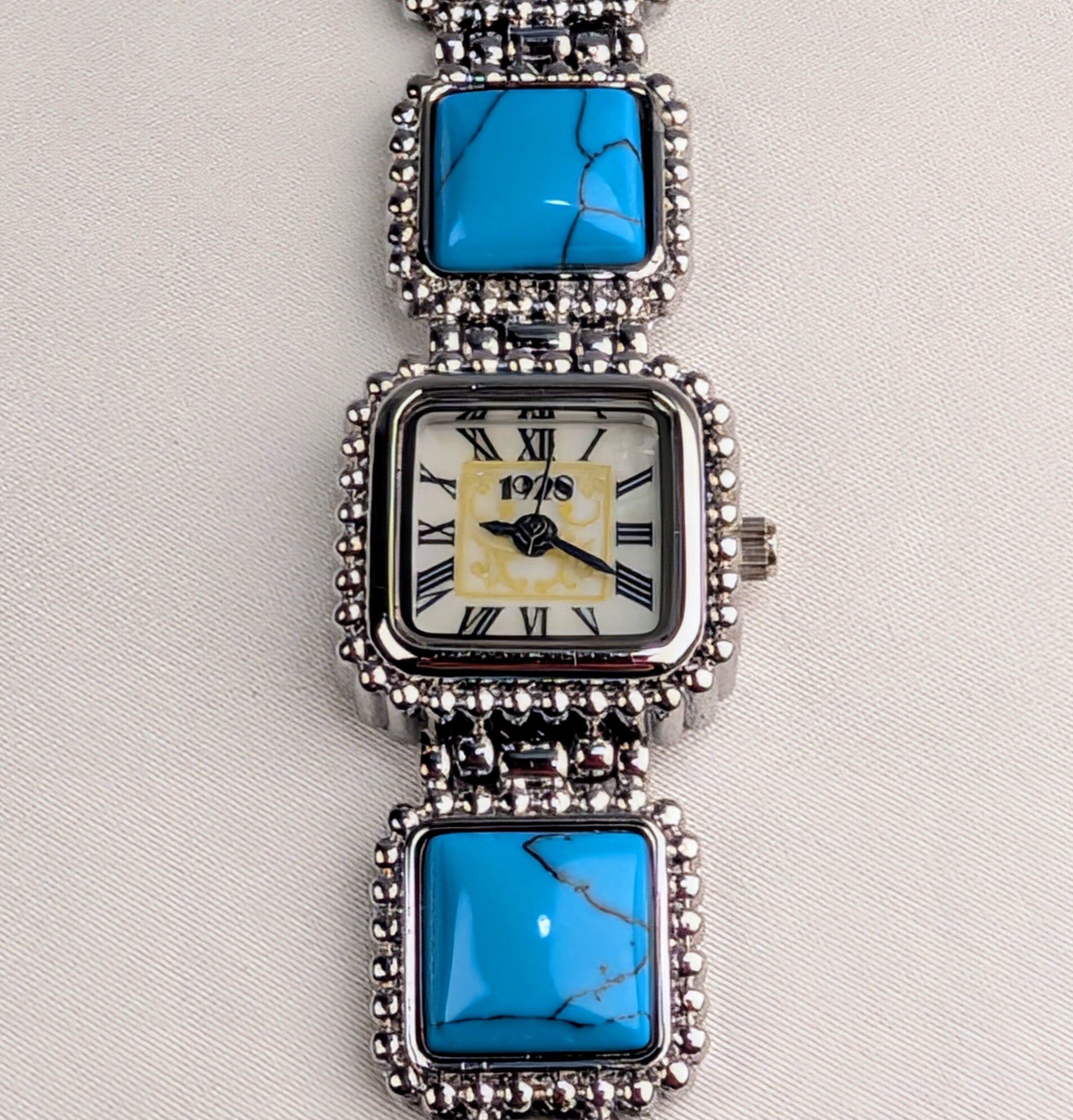 Vintage 1928 Turquoise Style Bracelet Watch Southwestern Beaded Silver Tone