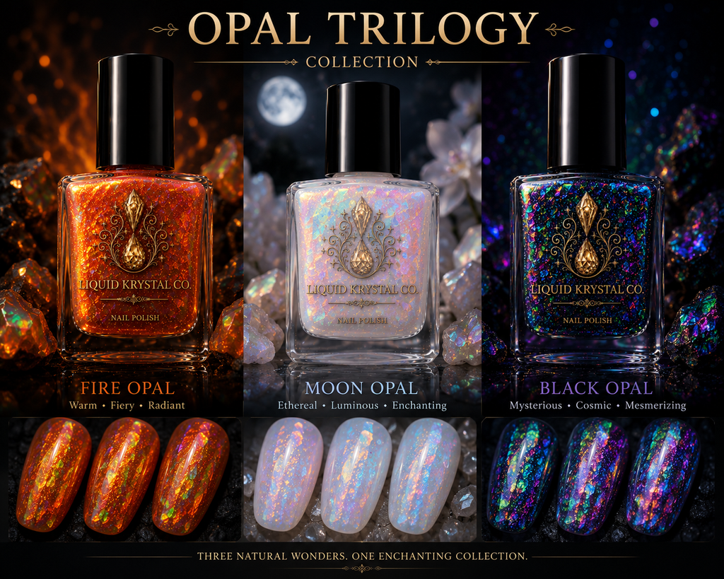 Prototype 2027 – NOT FOR SALE | Opal Trilogy Collection | Fire Opal, Moon Opal & Black Opal Jelly Flake Nail Polish Set | Liquid Krystal Co.