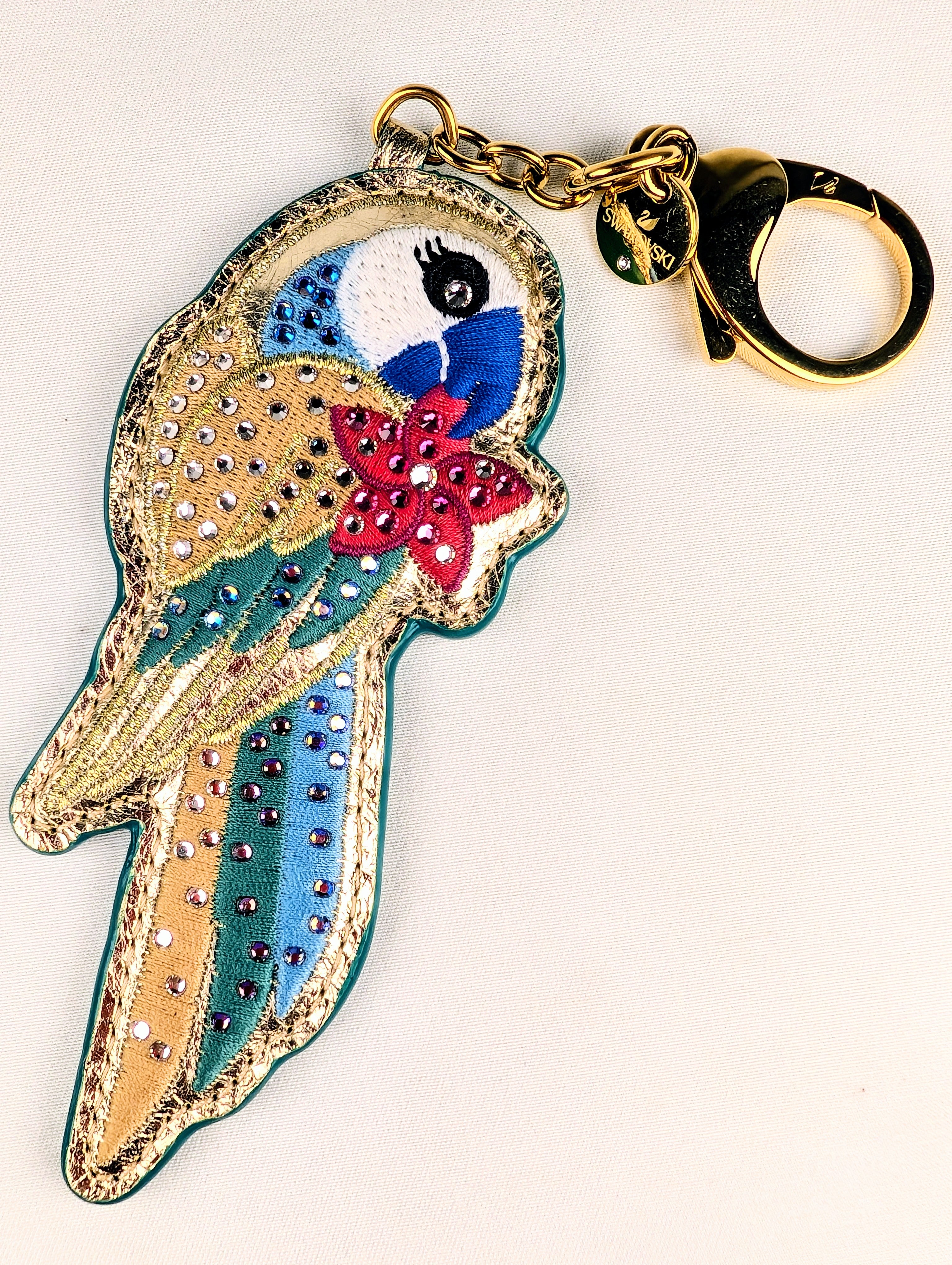 Rare Vintage Swarovski Crystal Tropical Parrot Leather Bag Charm Keychain Multicolor Bird Gold Tone NWT Style Collectible