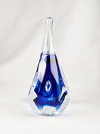 Signed AJ Blue Art Glass Teardrop Paperweight — Cobalt Core Handblown Studio Glass Sculpture -6.5"